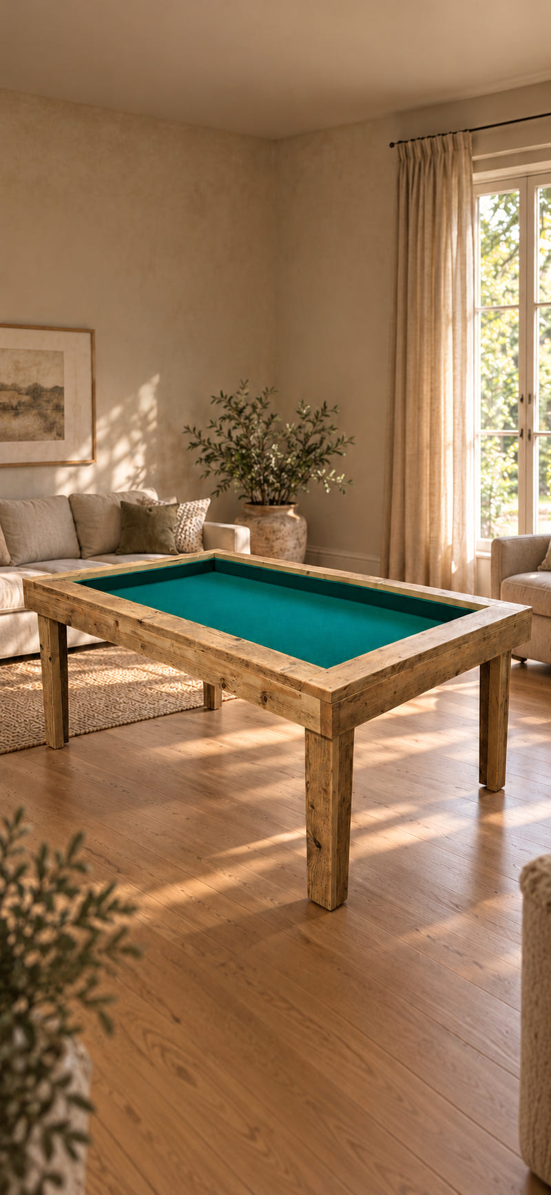 Bespoke reclaimed-wood gaming table in a living room