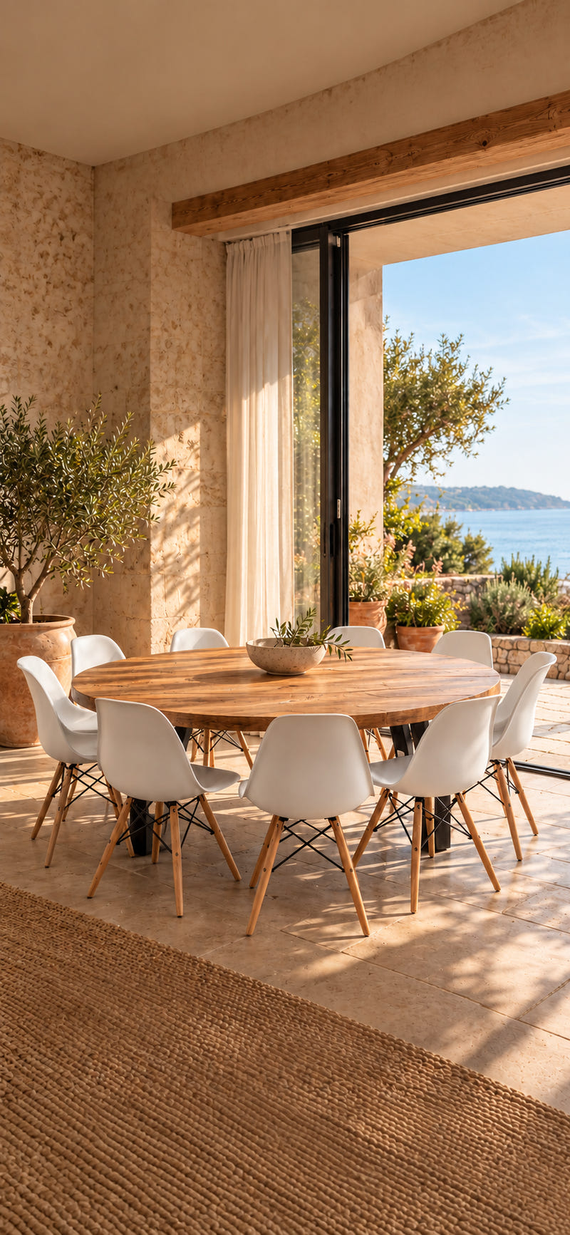 Round reclaimed-wood table with modern fabricated components in a sunroom