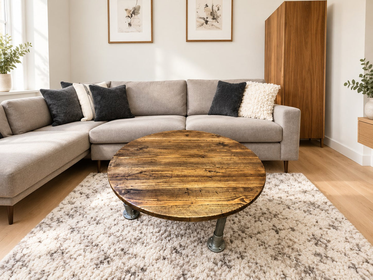 Reclaimed Wooden Round Coffee Table | THE AMSTERDAM showing the reclaimed wood product
