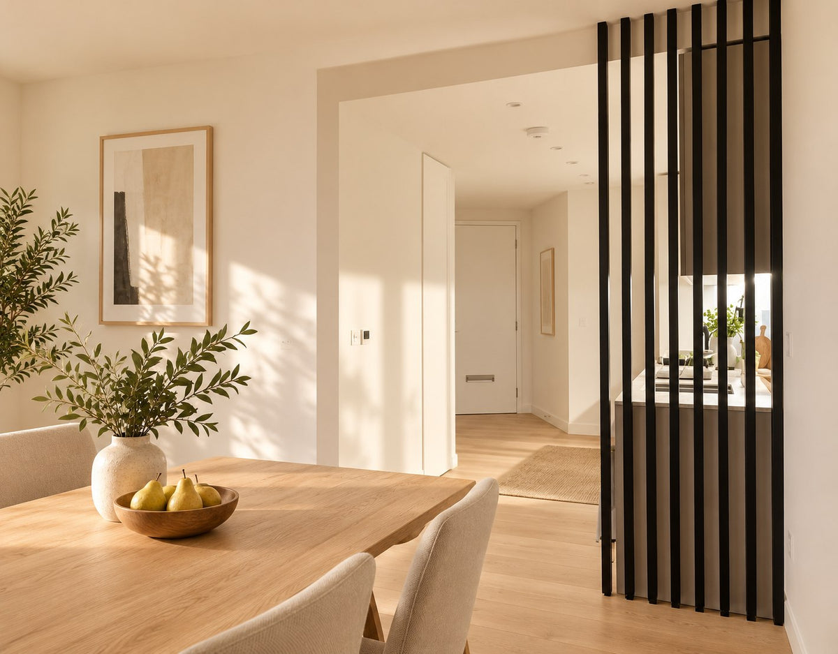 Bannister black painted wooden slat room divider between a warm Scandinavian dining room and kitchen.