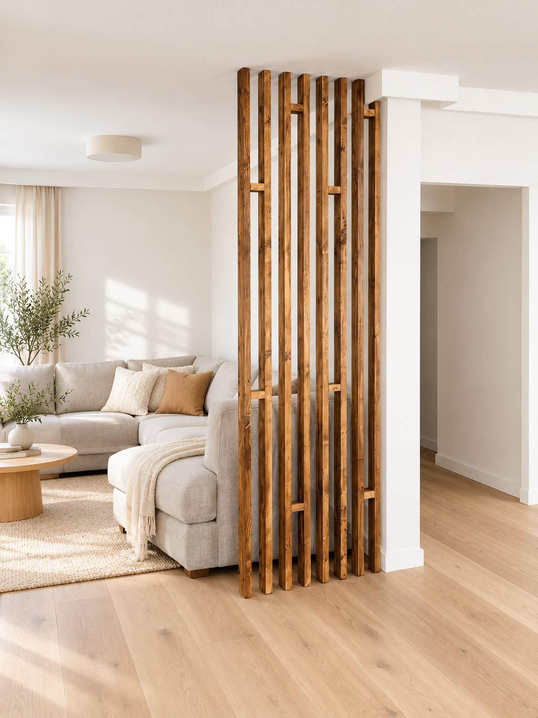 Benjamin reclaimed wood room divider with slim vertical slats and staggered shelves beside a cream sofa in a Scandinavian living room.