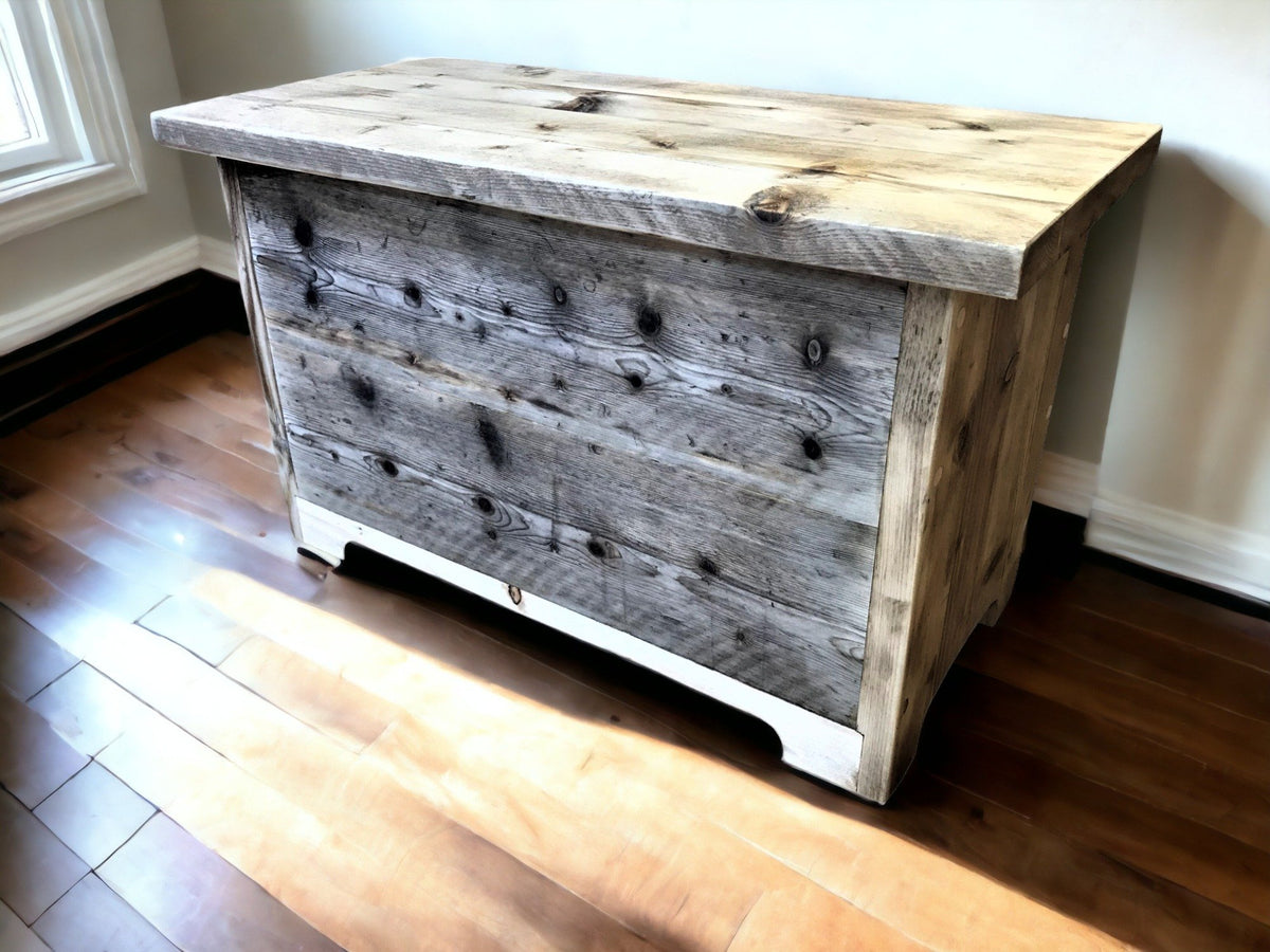 The Bournemouth reclaimed wooden blanket box in a bedroom