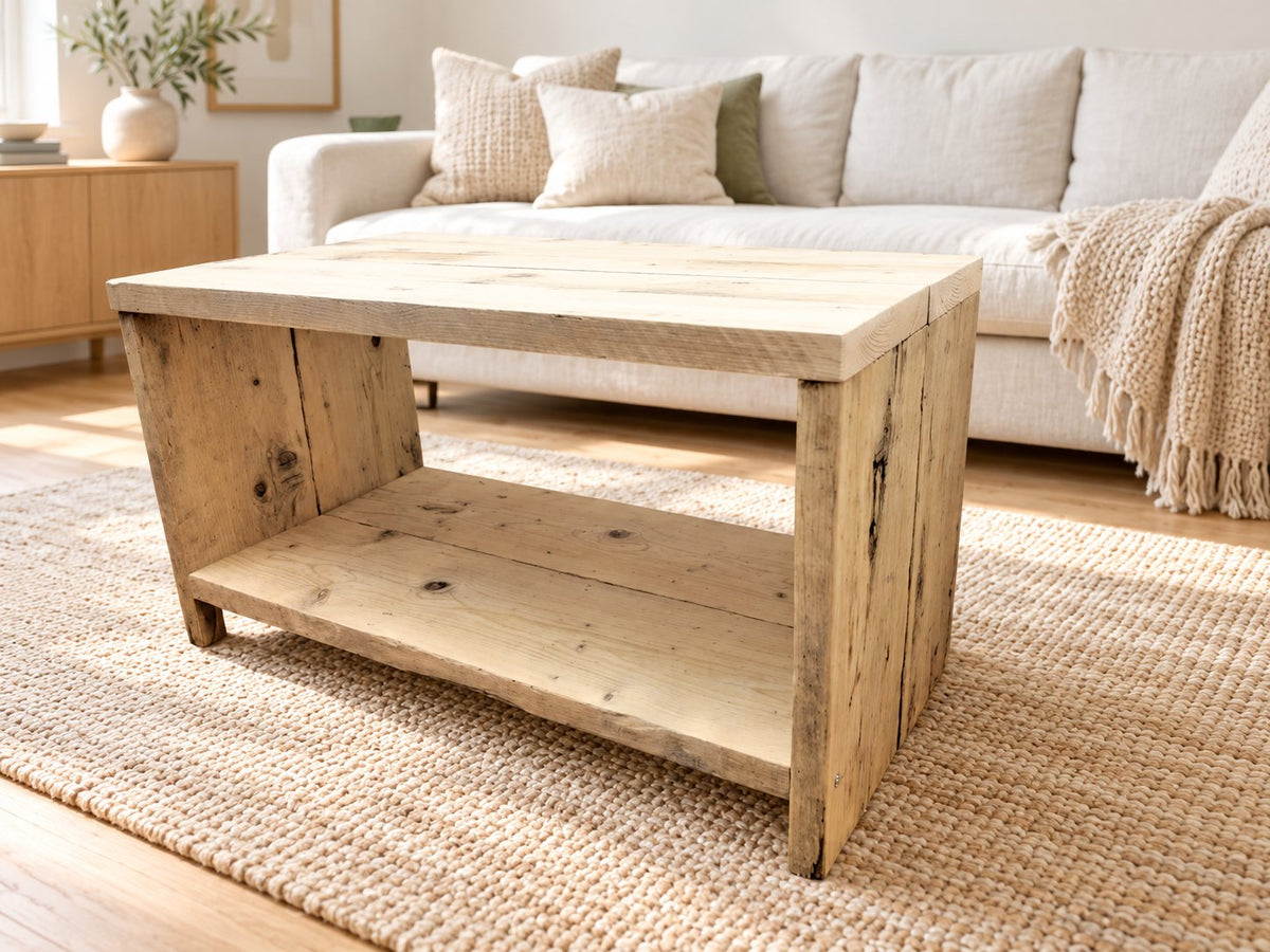 Reclaimed Wood Coffee Table | THE BRIGHTON showing the reclaimed timber and construction