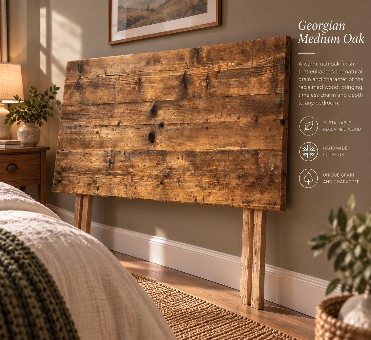 The Cardiff reclaimed wood divan bed headboard in Georgian Medium Oak
