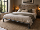 The Douglas industrial bed with a reclaimed wood frame in an autumn bedroom