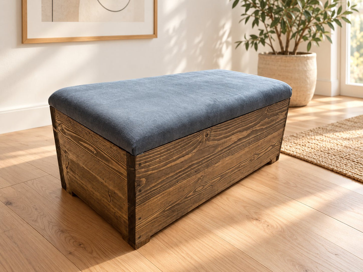 Wooden Ottoman Seat | Reclaimed Seat & Storage with Foam Cushion – Handcrafted – Game Table Seating | THE EMPIRE showing the reclaimed wood product