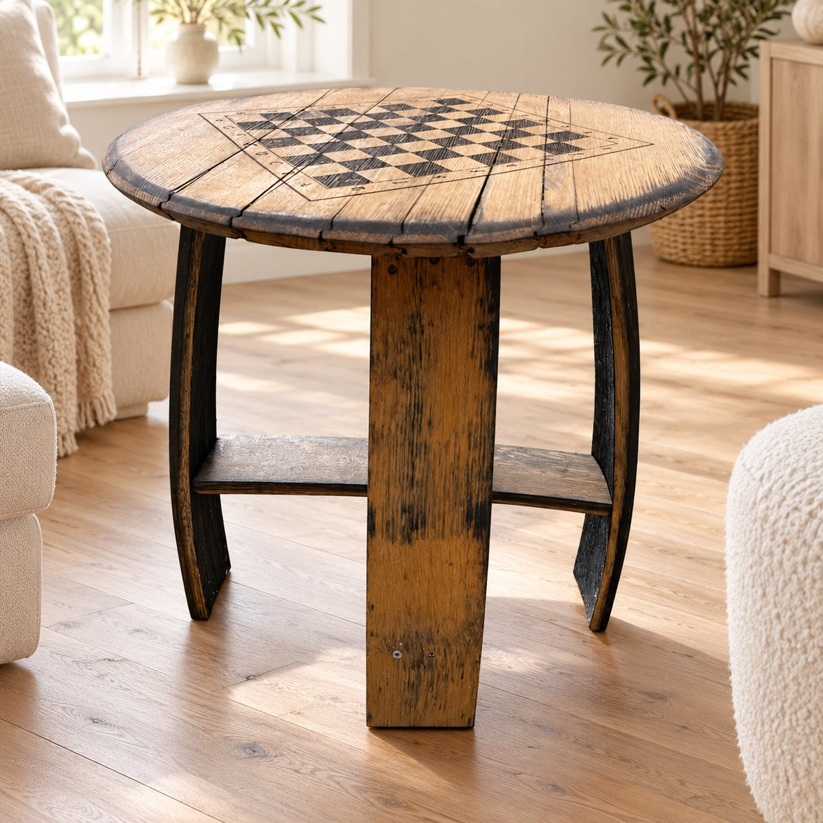 Chess Coffee Table | Chess Table Chessboard Coffee table Made From Oak Whiskey Barrel | THE FISHER showing the reclaimed wood product