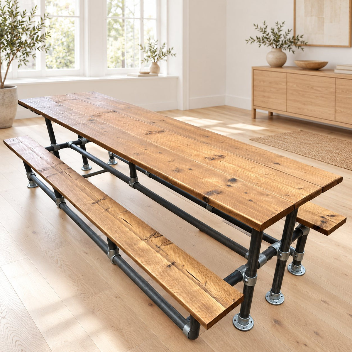 Industrial Pub Table And Integrated Benches | THE HAYES showing the reclaimed timber and construction