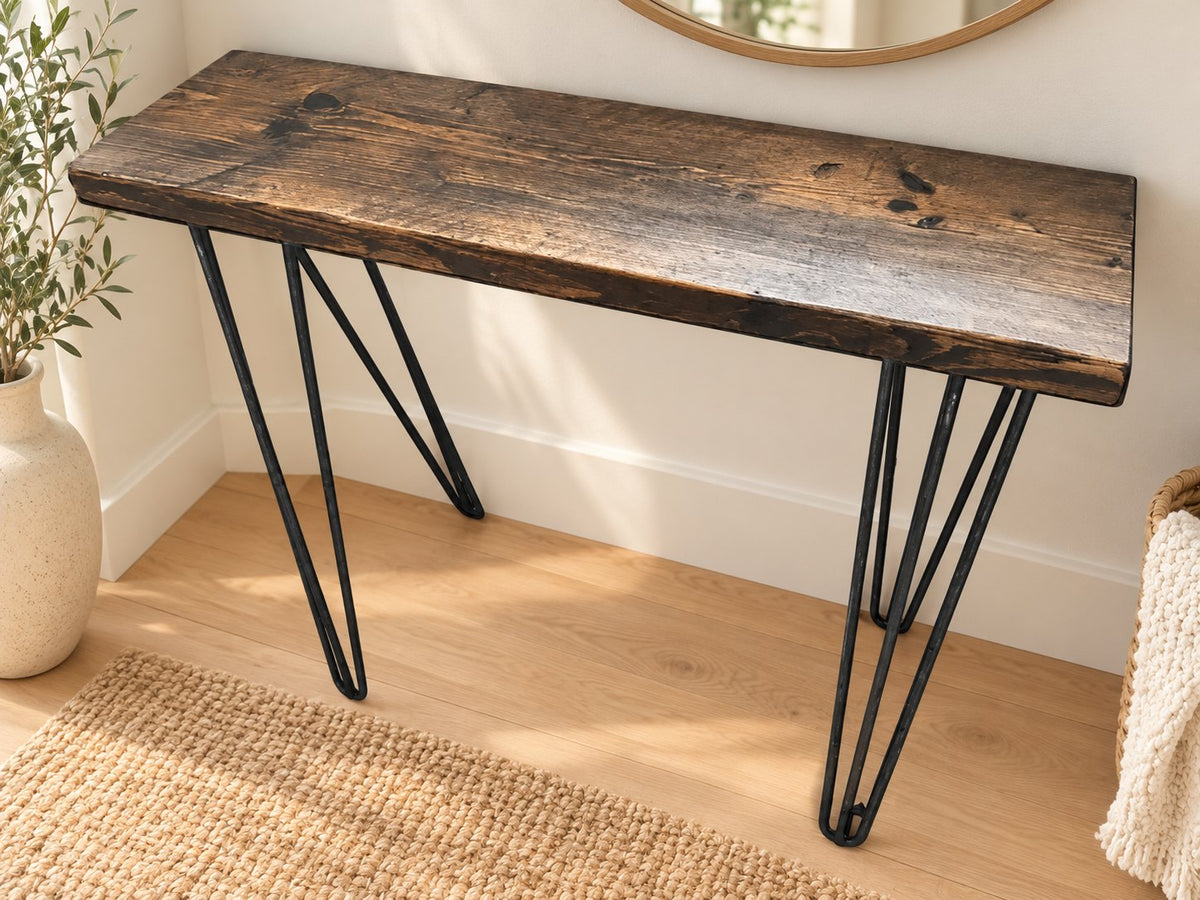 Console Table Hairpin Legs | THE HOVE showing the reclaimed timber and construction
