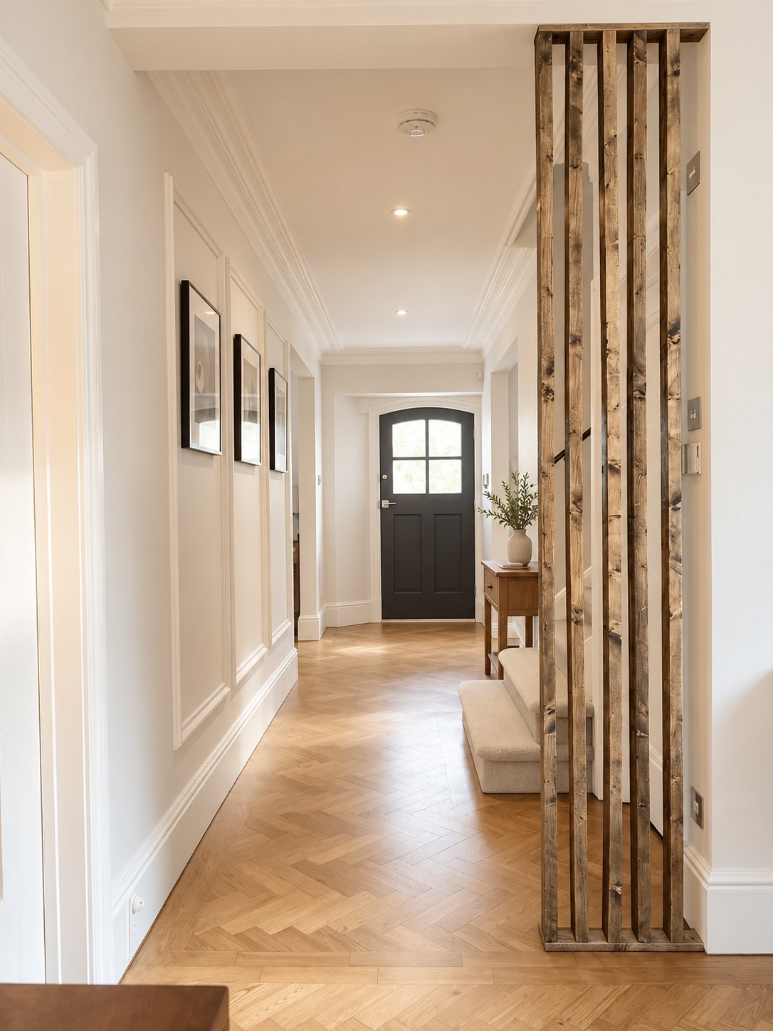 Hudson framed reclaimed wood slat room divider beside a staircase in a bright Scandinavian hallway.