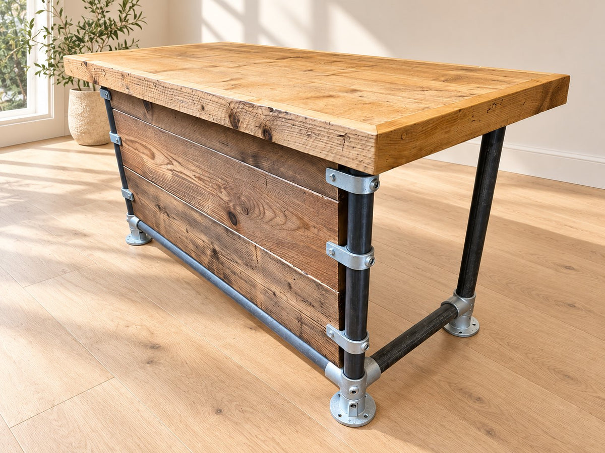 Industrial Reception Desk | THE KINGSWOOD showing the reclaimed wood product