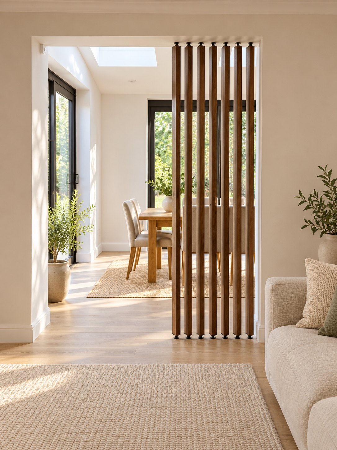 Lyndhurst wooden swivel room divider with slim brown slats and pressure-fit fittings in a bright Scandinavian living room.