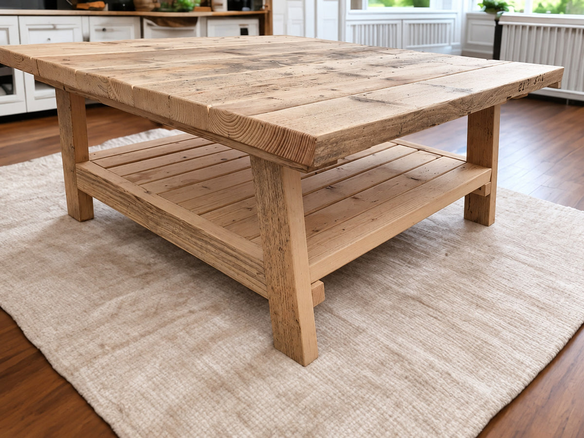 Malmo square reclaimed wood coffee table with lower shelf in Natural Danish Oil finish.