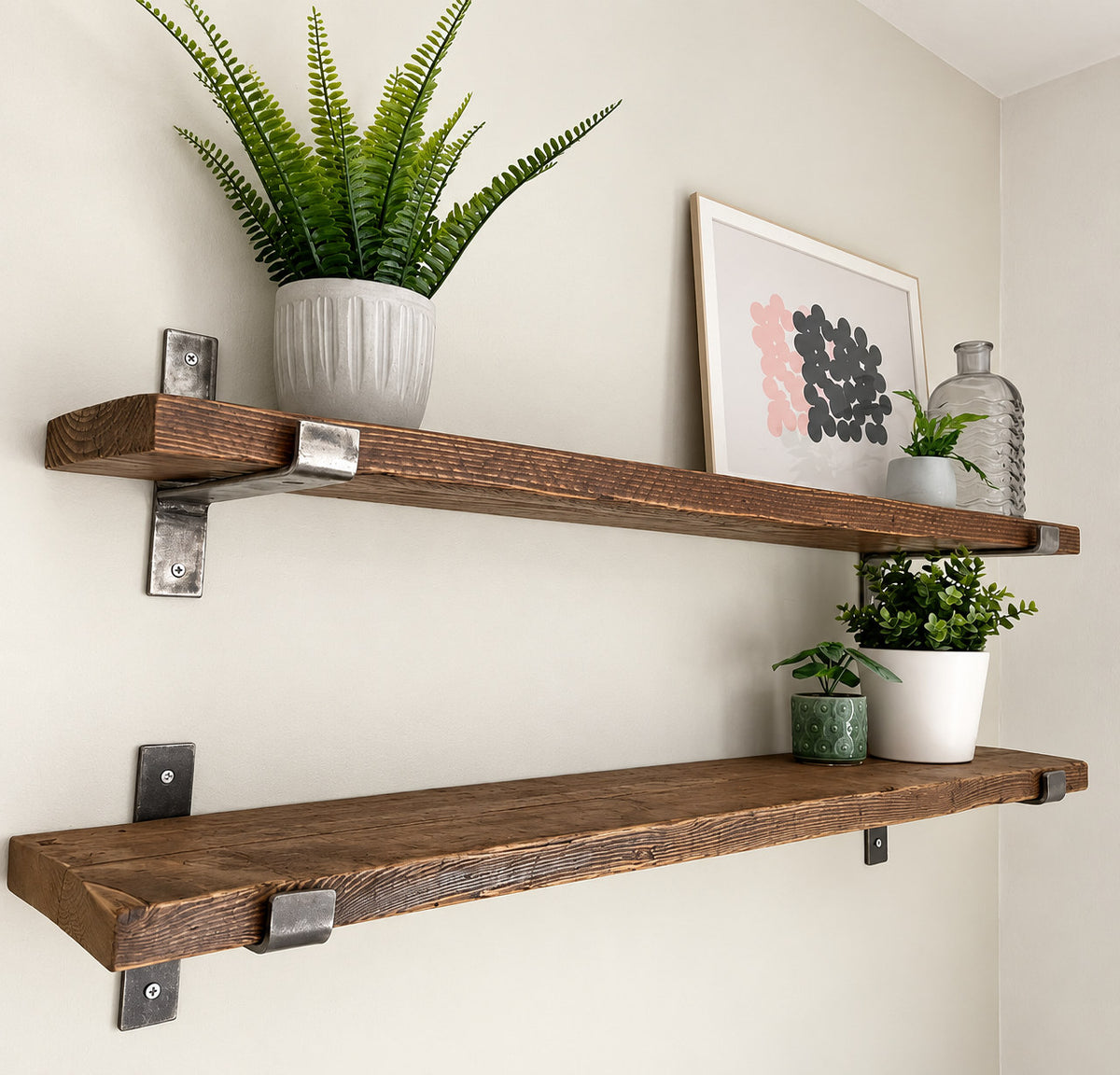 Pilton reclaimed scaffold board shelves with metal brackets, styled with plants against a warm off-white wall.