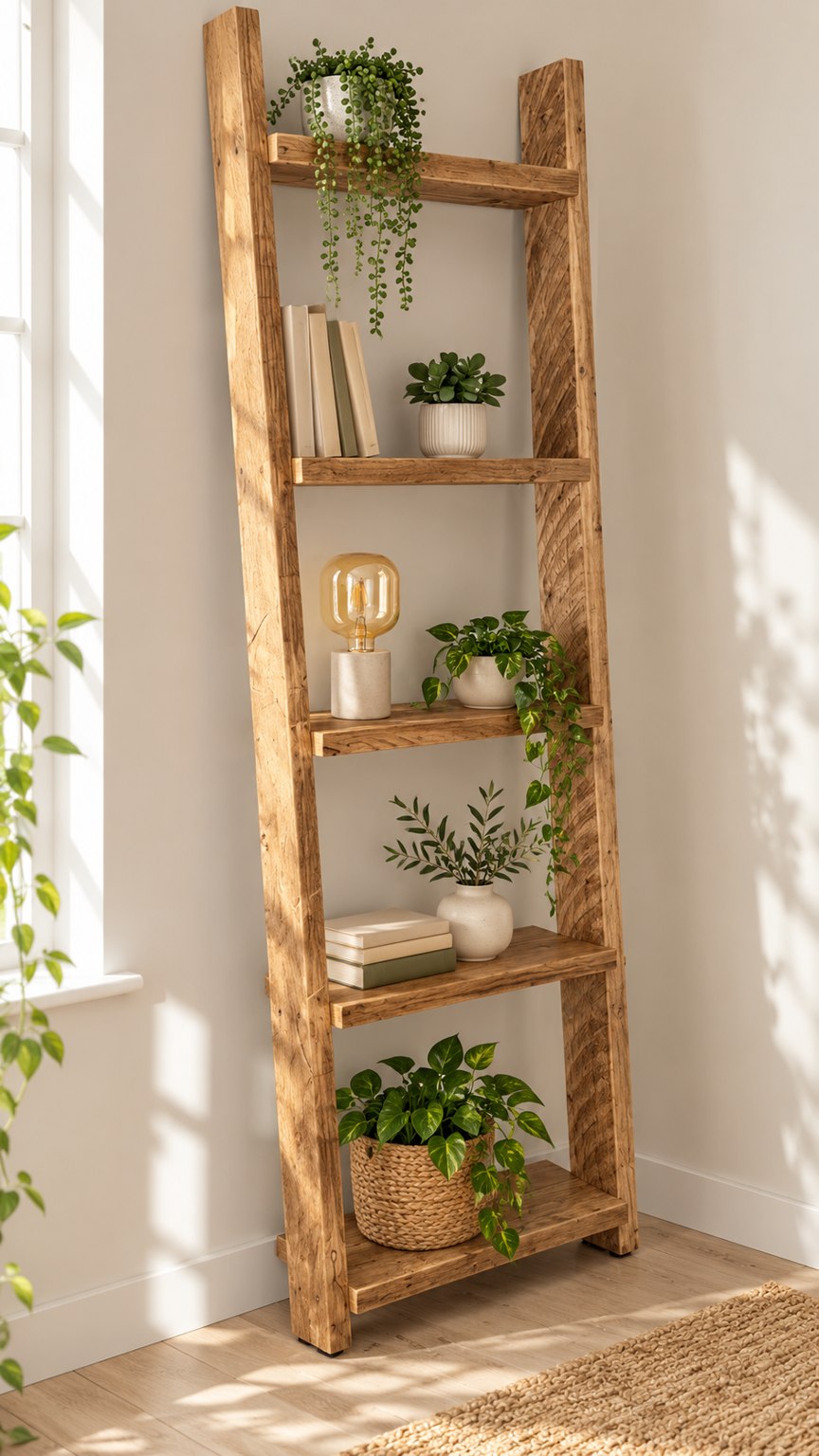 Pisa five-tier leaning ladder shelf in reclaimed wood, styled with plants and books against a warm Scandinavian wall.