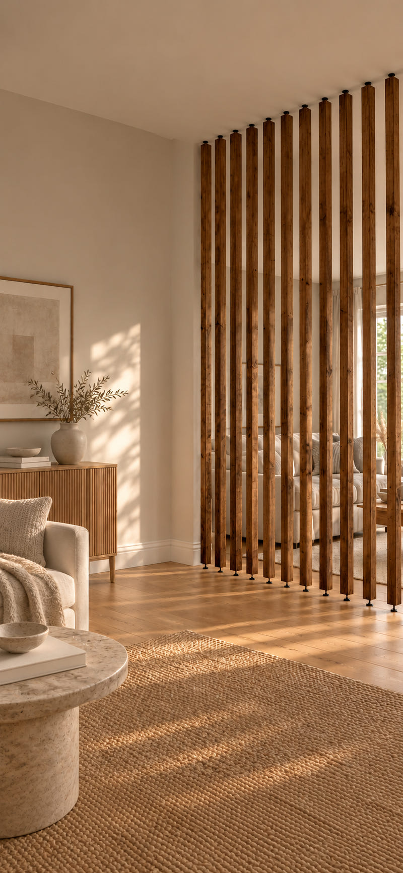 Reclaimed timber slatted room divider in a calm living room