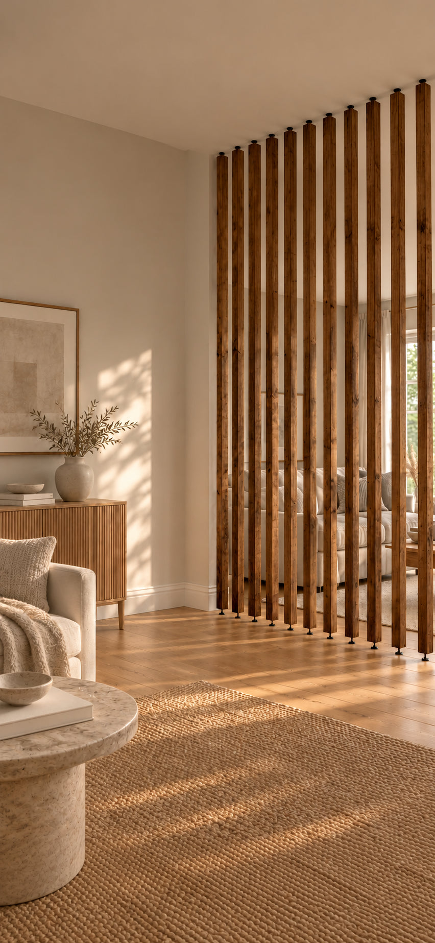 Reclaimed timber slatted room divider in a calm living room