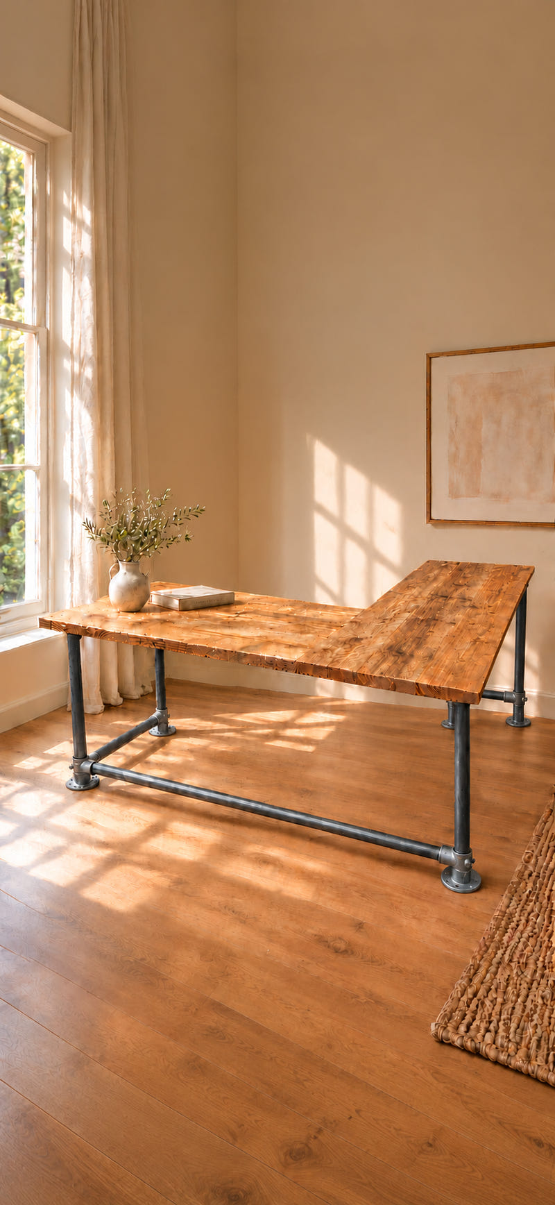 Five-leg reclaimed-wood corner desk with an industrial steel pipe frame