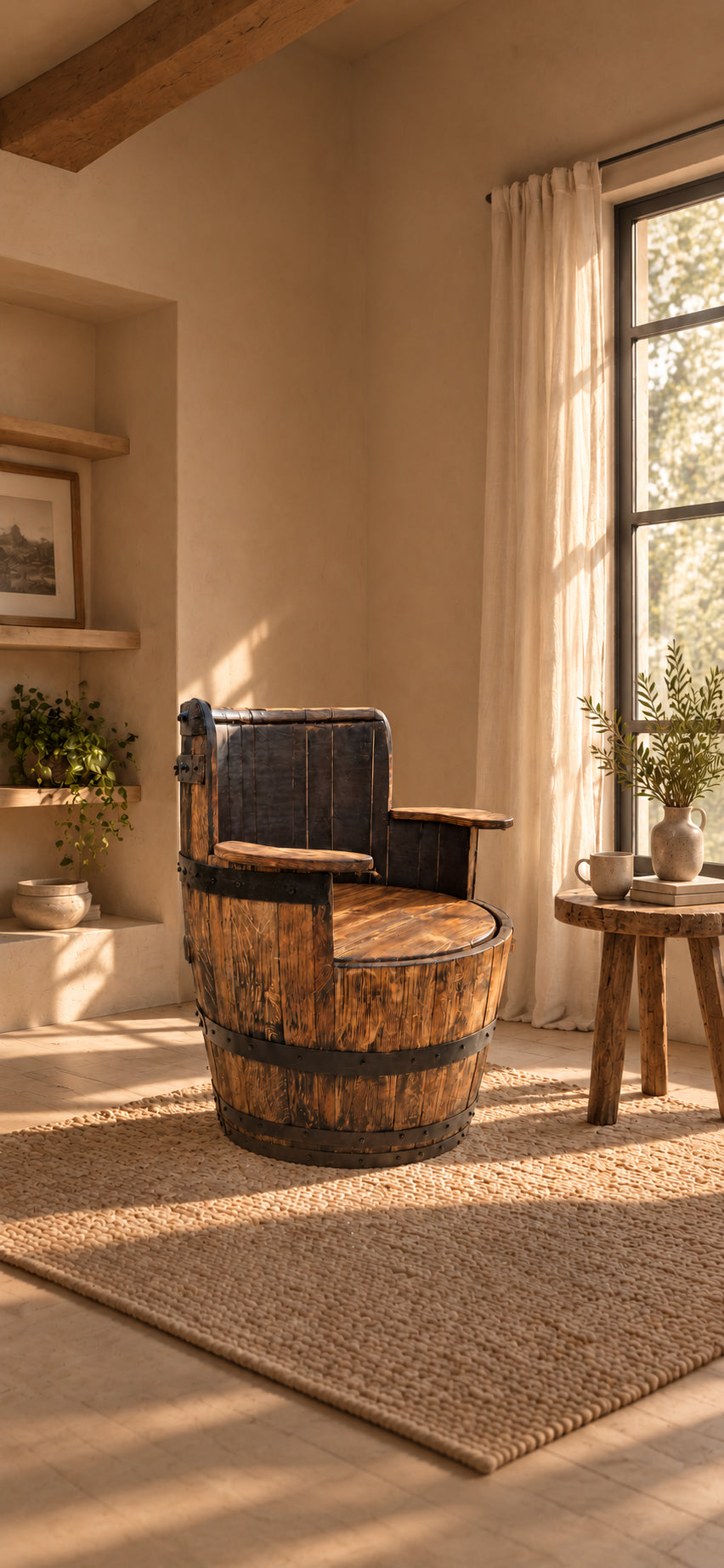 Reclaimed oak barrel chair in a warm reading corner