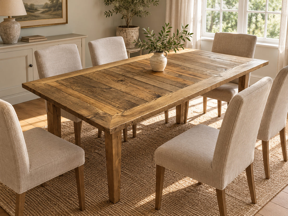 Windsor reclaimed-wood dining table in a warm dining room