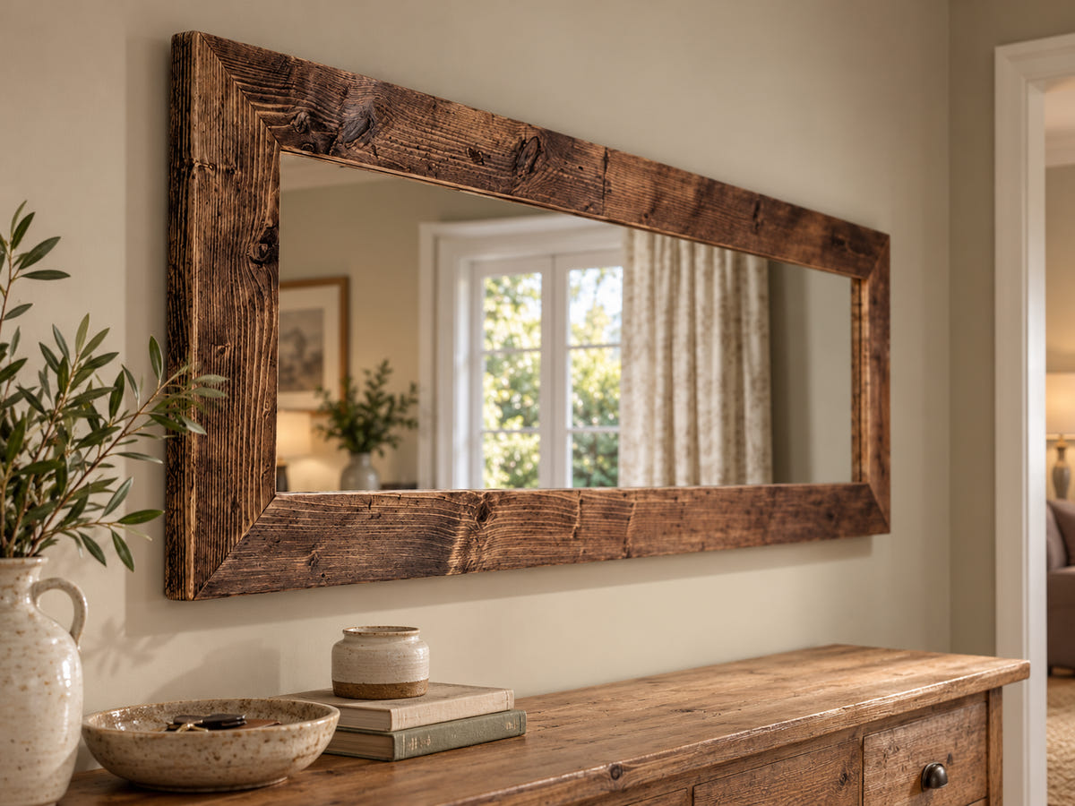 Oslo reclaimed timber mirror in a neutral hallway