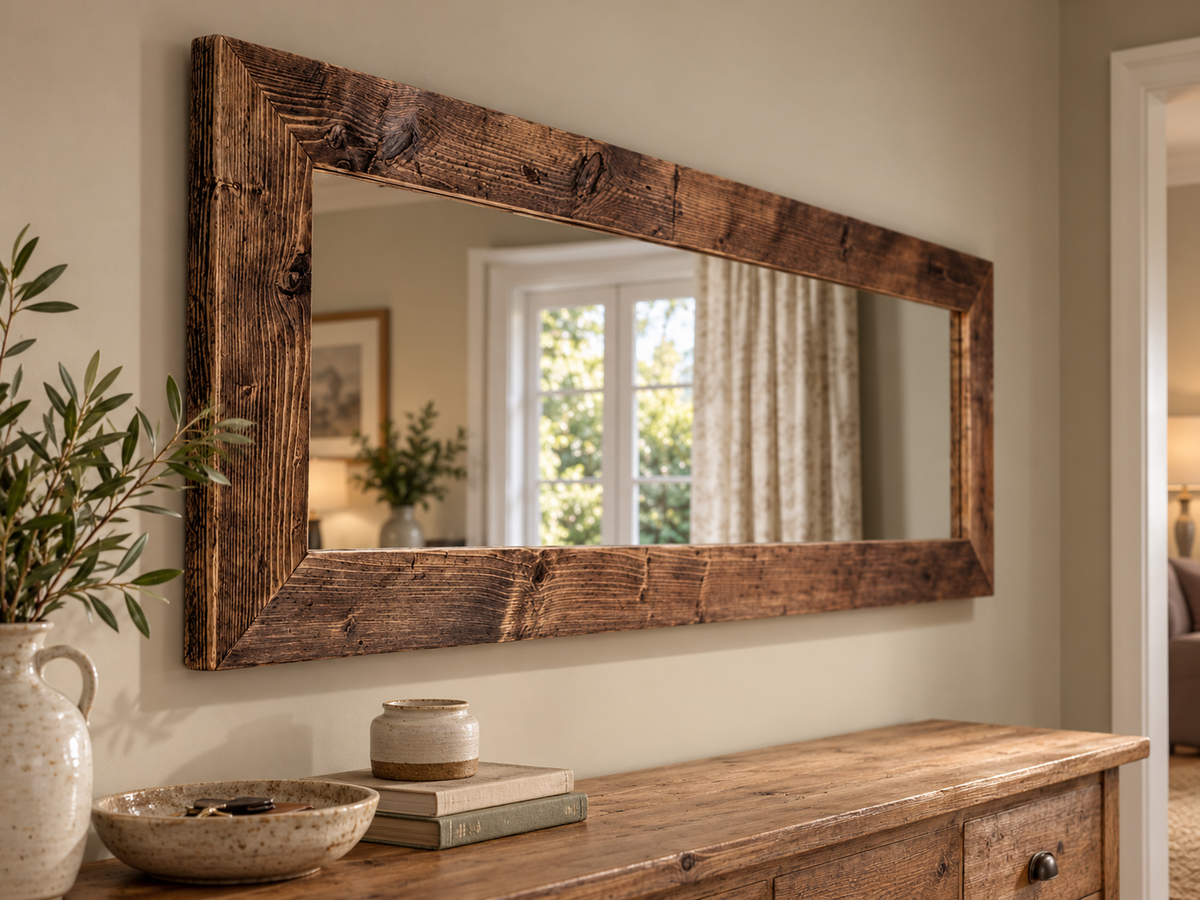 Oslo reclaimed timber mirror in a neutral hallway