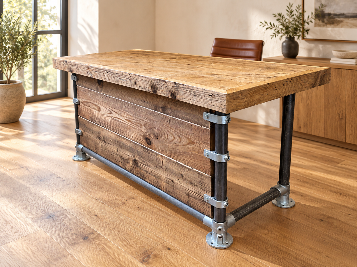 Kingswood reclaimed wood reception desk with industrial steel frame