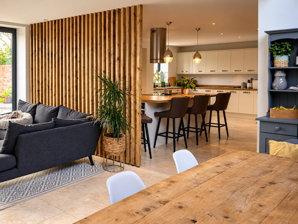 Reclaimed wood divider installed in an open-plan home