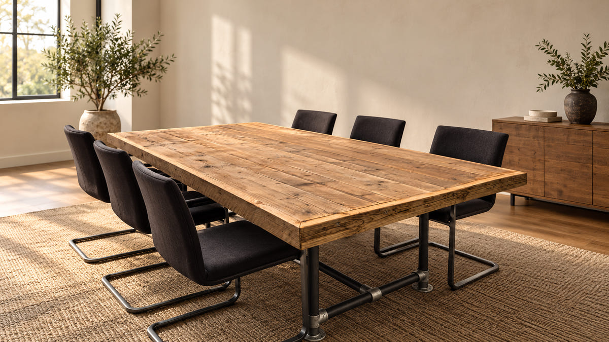 Reclaimed-wood furniture in a commercial interior