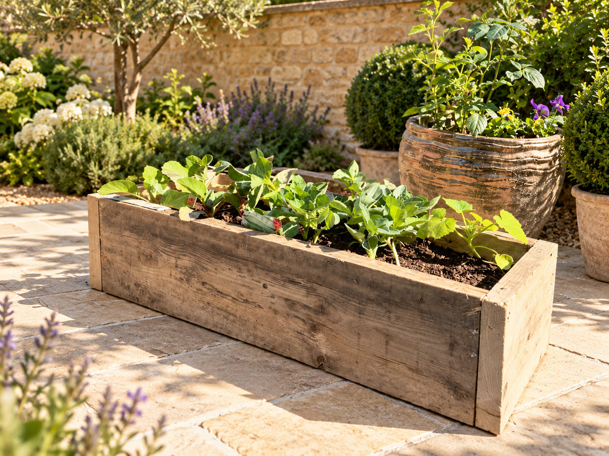Reclaimed timber planter on a sunny garden terrace