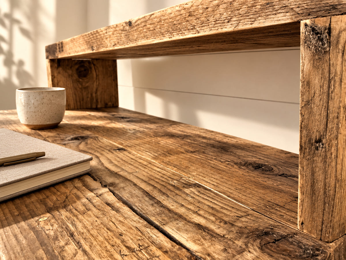 Detail of reclaimed timber desk and raised shelf