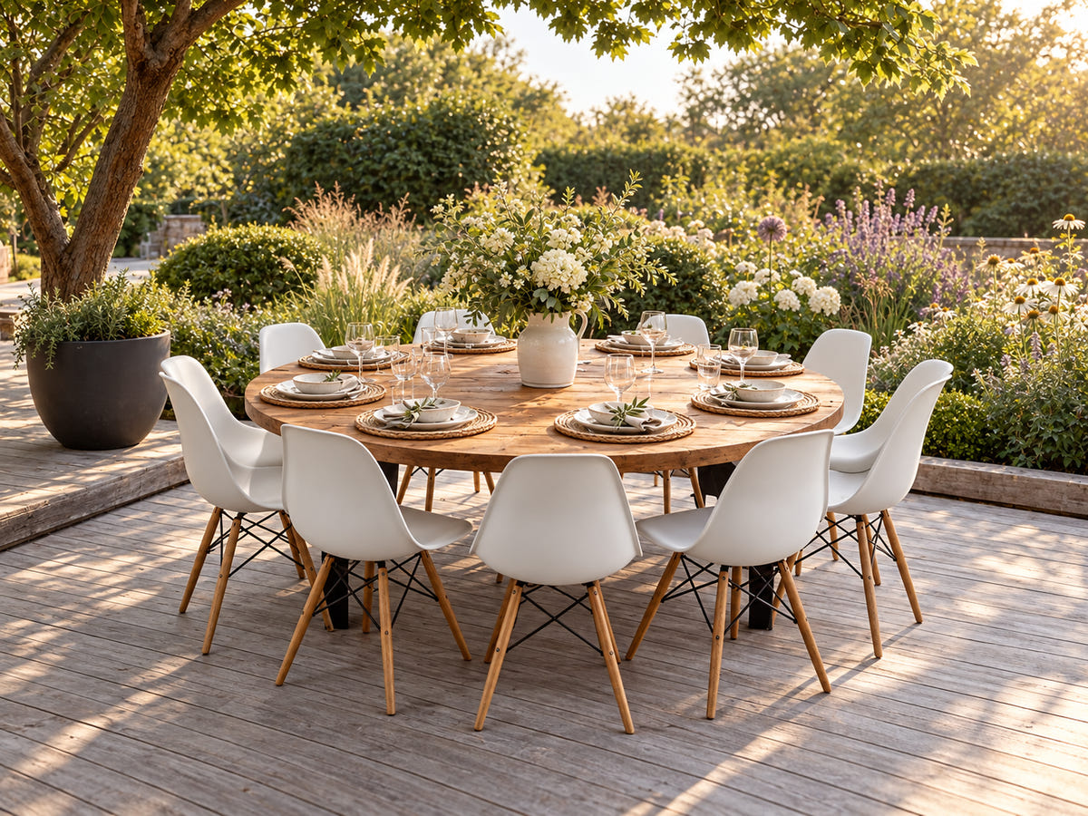 Round reclaimed wood dining table in a cottage garden