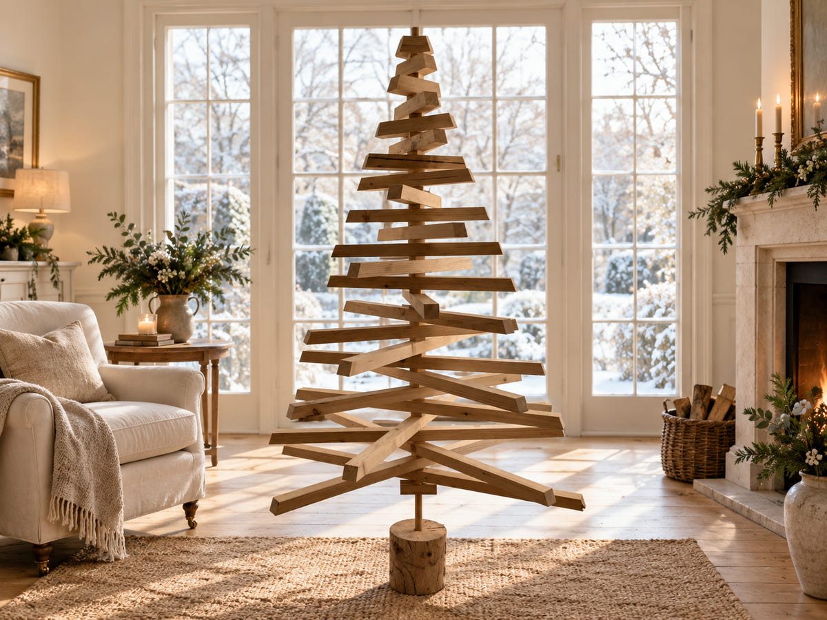 Sculptural reclaimed timber Christmas tree in a neutral room