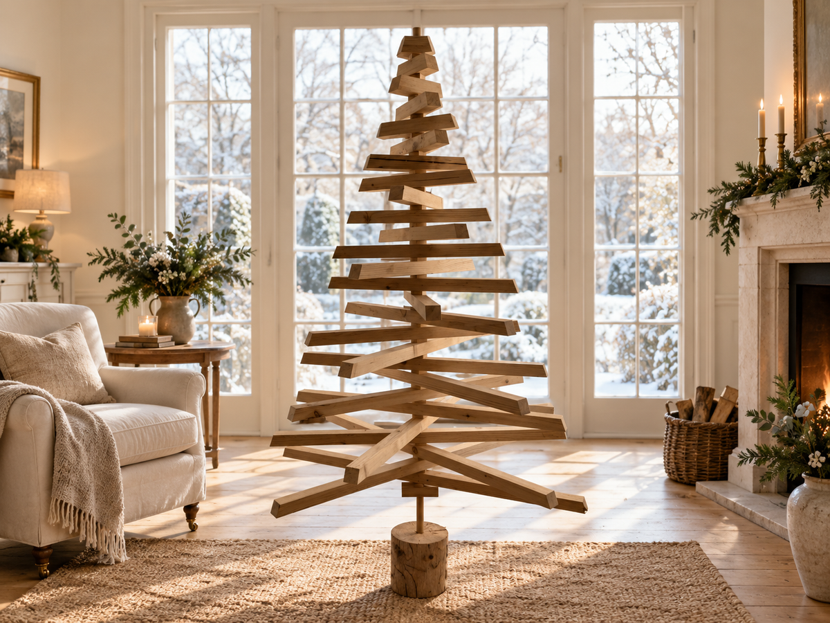Sculptural reclaimed timber Christmas tree in a neutral room