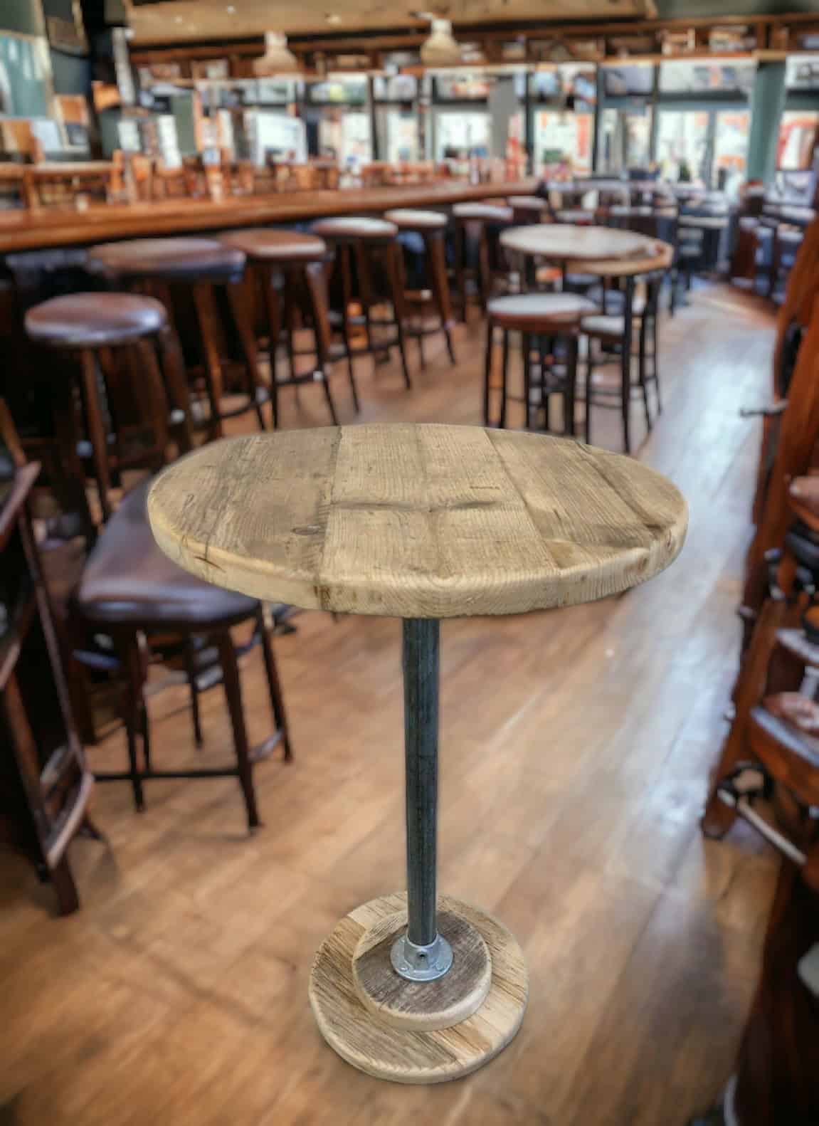 Poseur Table | Reclaimed Bar Table | Sustainably Sourced Wood | Rustic Poseur Table with Reclaimed Scaffold Tube | THE ZURICH