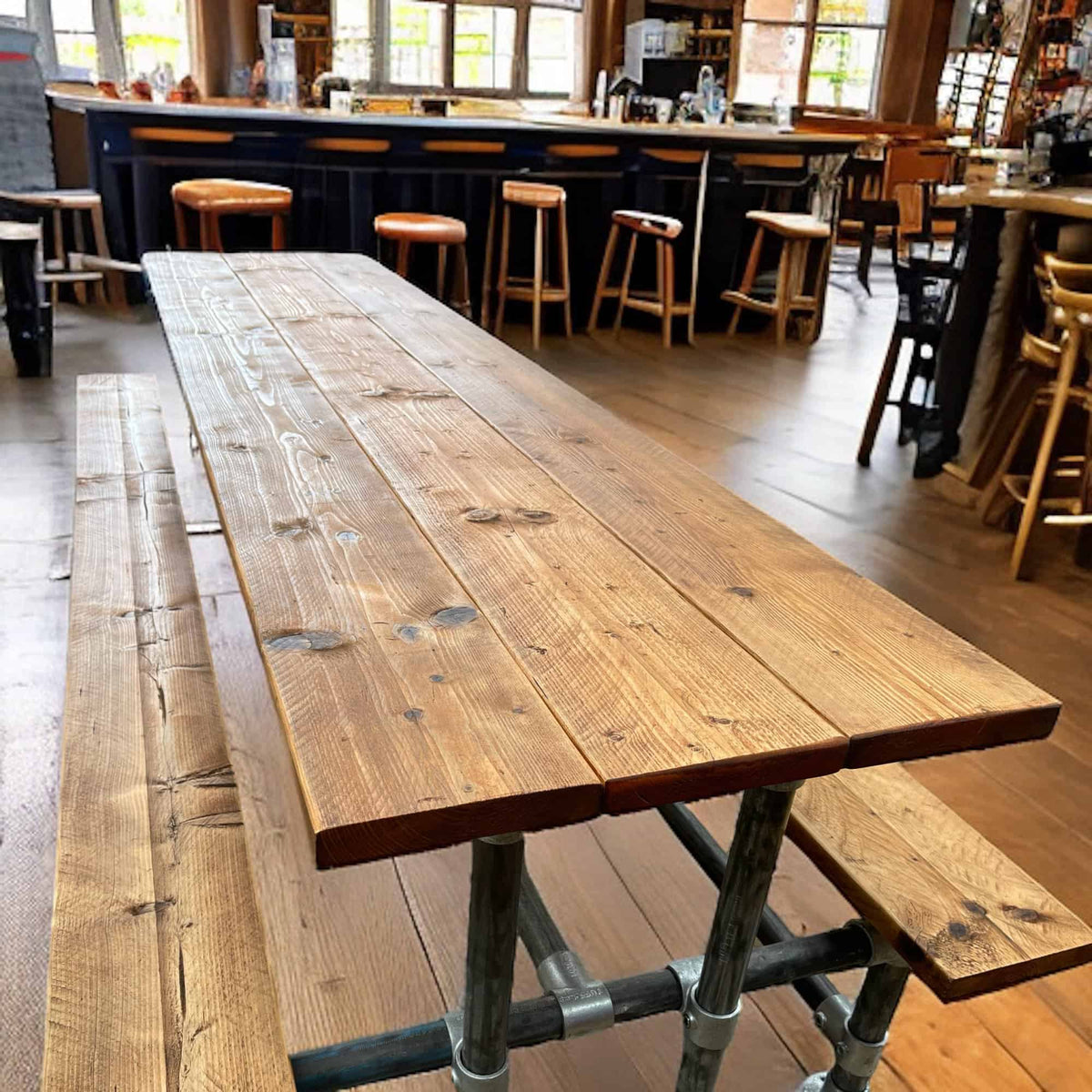 Industrial Pub Table And Integrated Benches | THE HAYES
