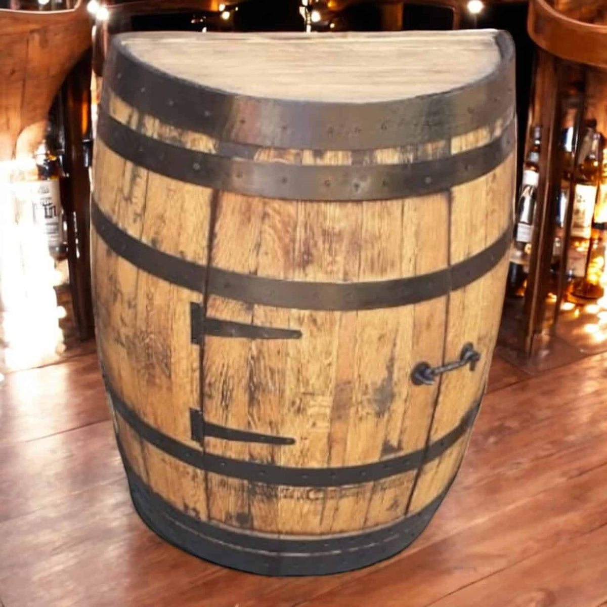 Half Barrel Unit | Half Oak Whiskey Barrel Cupboard | Half Barrel Storage Unit With Door |THE KAYE
