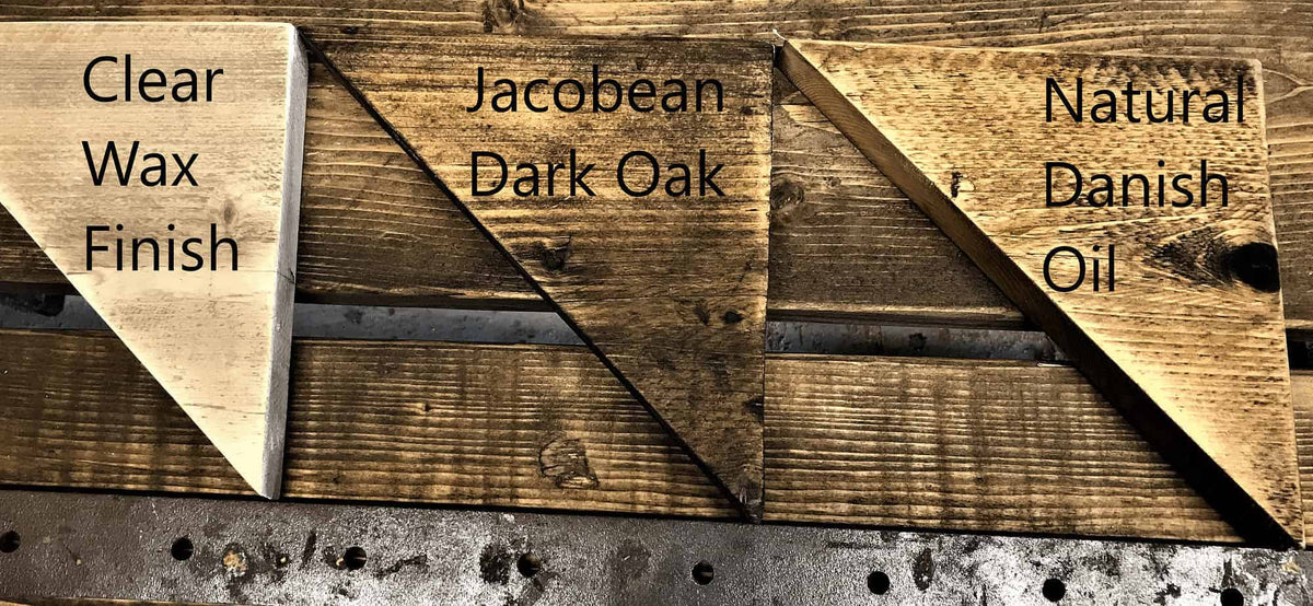 Reclaimed wood finish samples: Clear Wax, Jacobean Dark Oak and Natural Danish Oil.