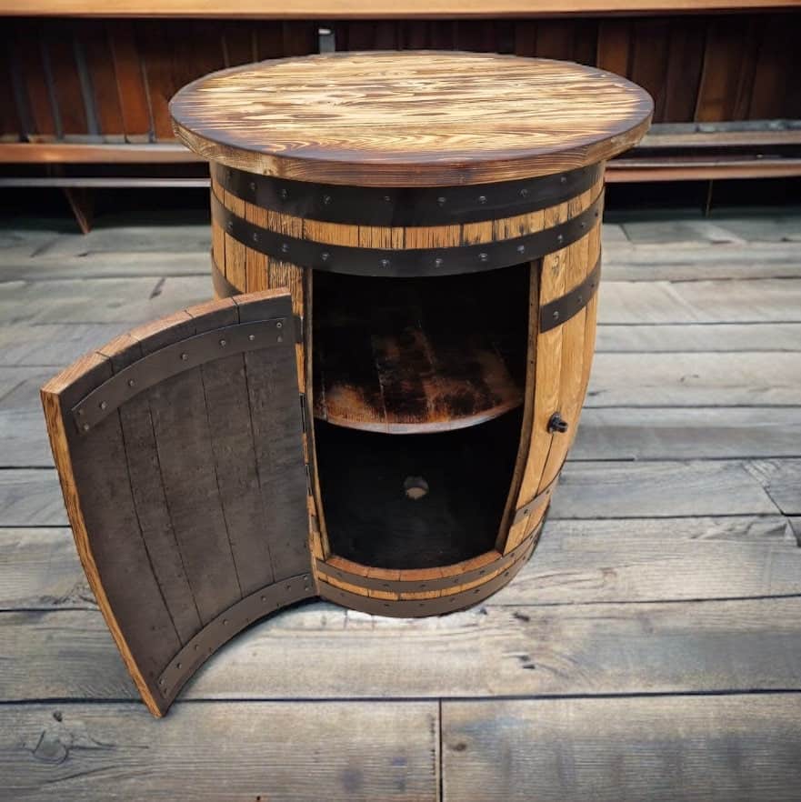 Oak Whiskey Barrel Cabinet With Tabletop**** Barrel Storage Unit With Door – THE WHATMORE