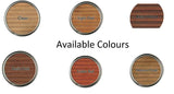 Six outdoor wood-finish colours: Clear, Light Oak, Rose Wood, Dark Oak, Cedar Red and Natural Oak.