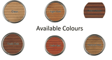 Six outdoor wood-finish colours: Clear, Light Oak, Rose Wood, Dark Oak, Cedar Red and Natural Oak.