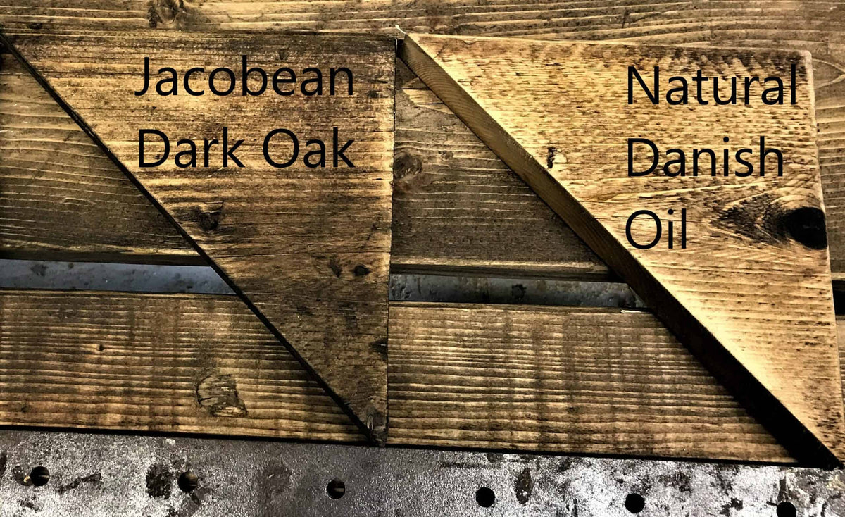 Reclaimed wood finish comparison labelled Jacobean Dark Oak and Natural Danish Oil.