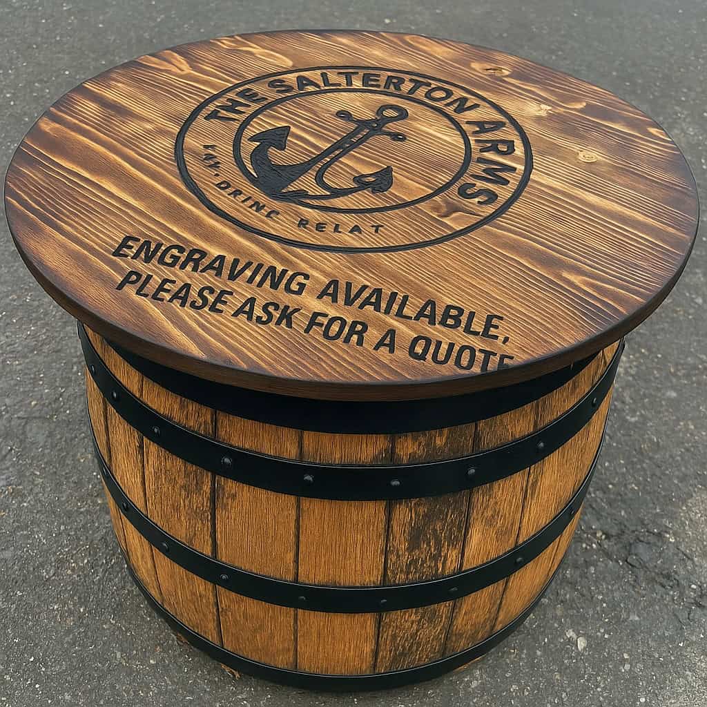 Whiskey-barrel table engraved with “The Salterton Arms” and “Engraving available, please ask for a quote.”
