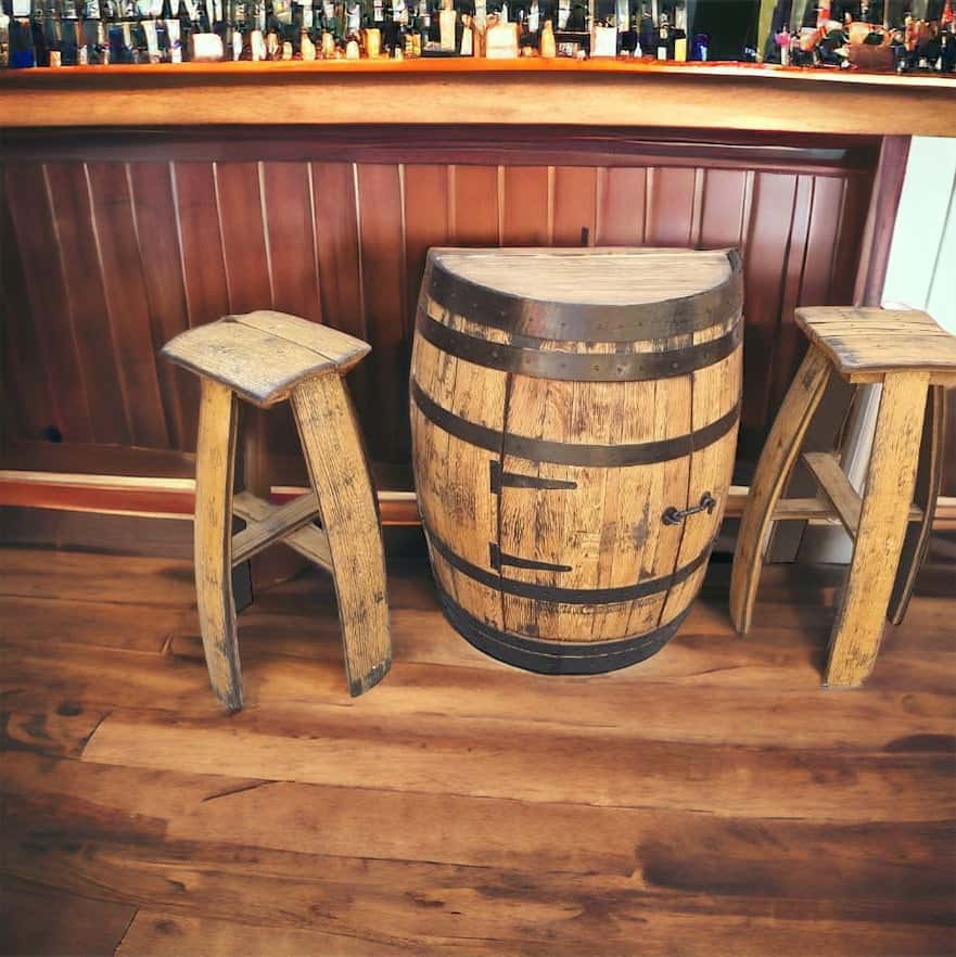 Half Barrel Unit | Half Oak Whiskey Barrel Cupboard | Half Barrel Storage Unit With Door |THE KAYE