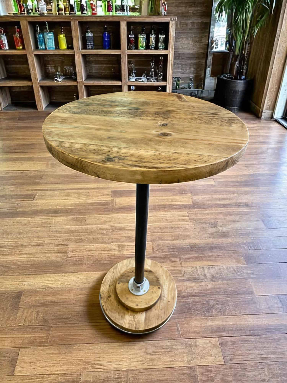 Poseur Table | Reclaimed Bar Table | Sustainably Sourced Wood | Rustic Poseur Table with Reclaimed Scaffold Tube | THE ZURICH