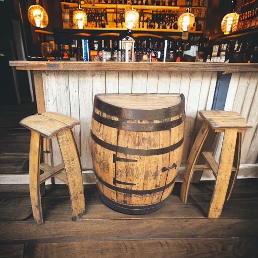 Half Barrel Unit | Half Oak Whiskey Barrel Cupboard | Half Barrel Storage Unit With Door |THE KAYE