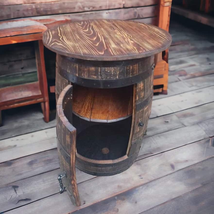 Oak Whiskey Barrel Cabinet With Tabletop**** Barrel Storage Unit With Door – THE WHATMORE