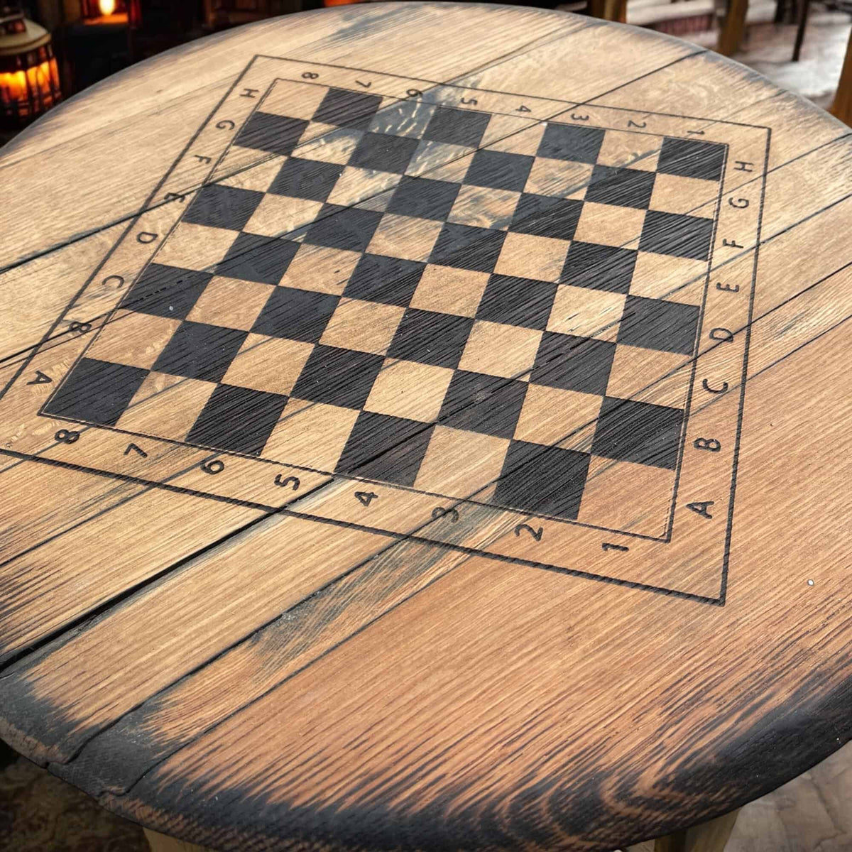 Chess Coffee Table | Chess Table Chessboard Coffee table Made From Oak Whiskey Barrel | THE FISHER