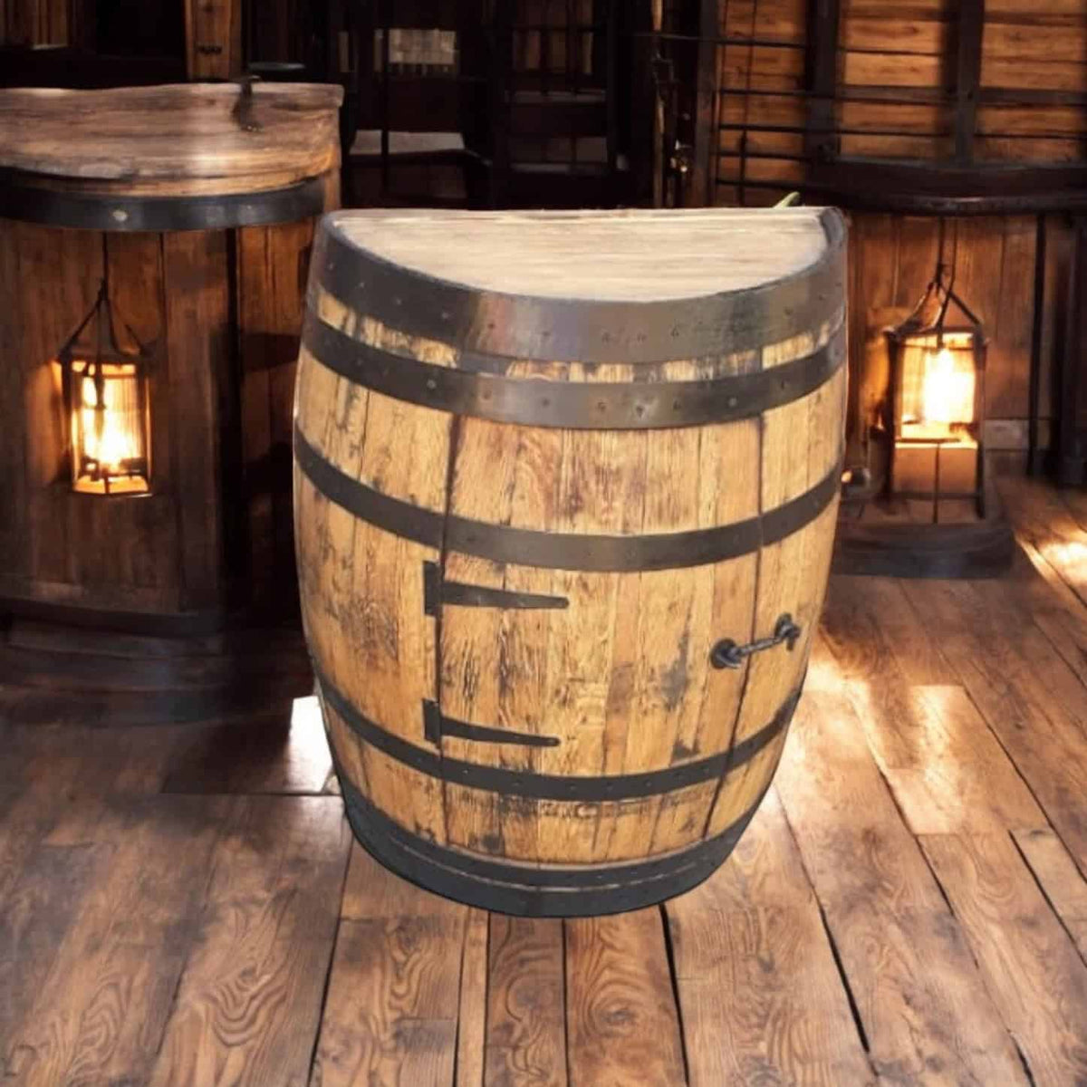 Half Barrel Unit | Half Oak Whiskey Barrel Cupboard | Half Barrel Storage Unit With Door |THE KAYE