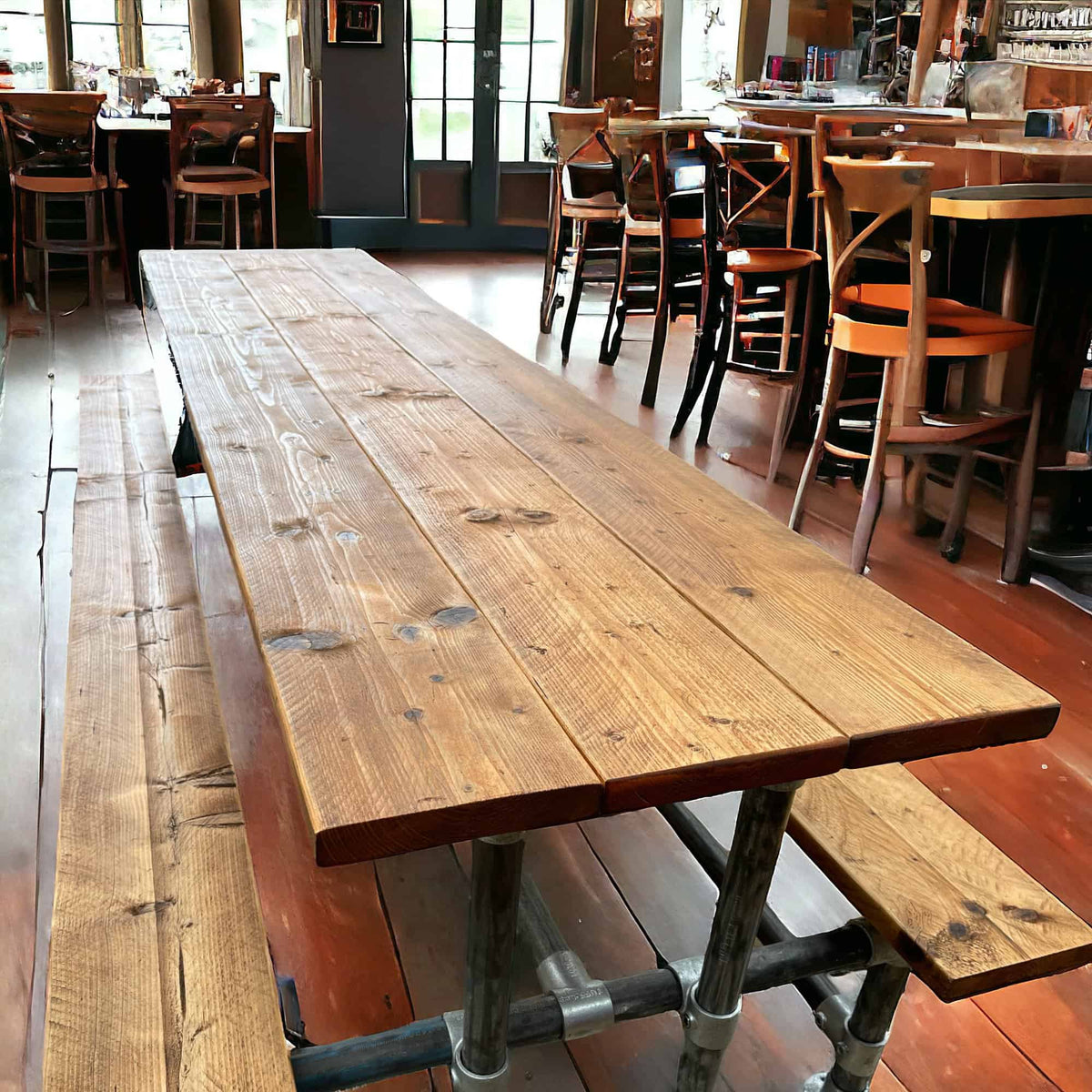 Industrial Pub Table And Integrated Benches | THE HAYES